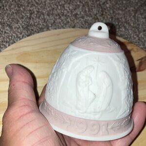 Lladro Spain White & Pink Nativity Holiday Bell Ornament